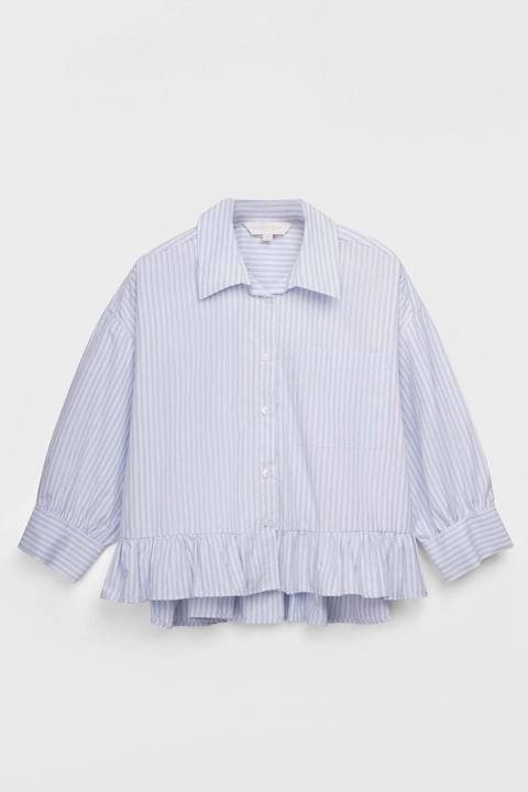 Light Blue Striped Ruffle Hem Shirt