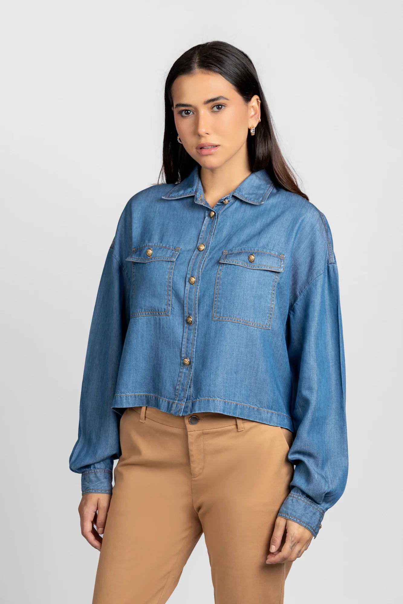 Medium Blue Denim Tencel Shirt with Flap Pockets