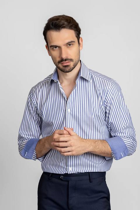 Navy Striped Poplin Shirt - Regular Fit