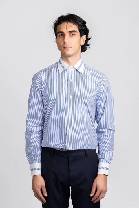 Blue Striped Contrast Patch-Work Shirt - Regular Fit