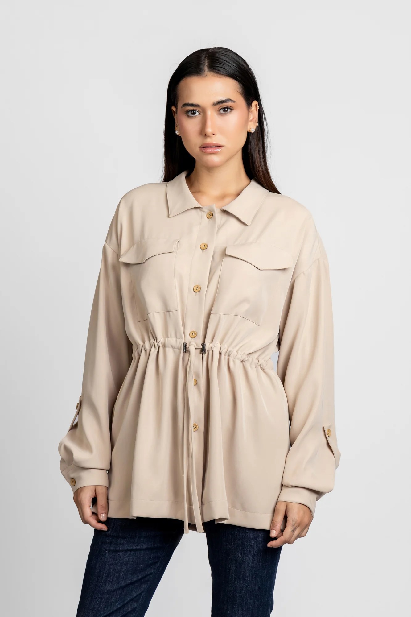 Beige Waist Tie Overshirt with Flap Pockets