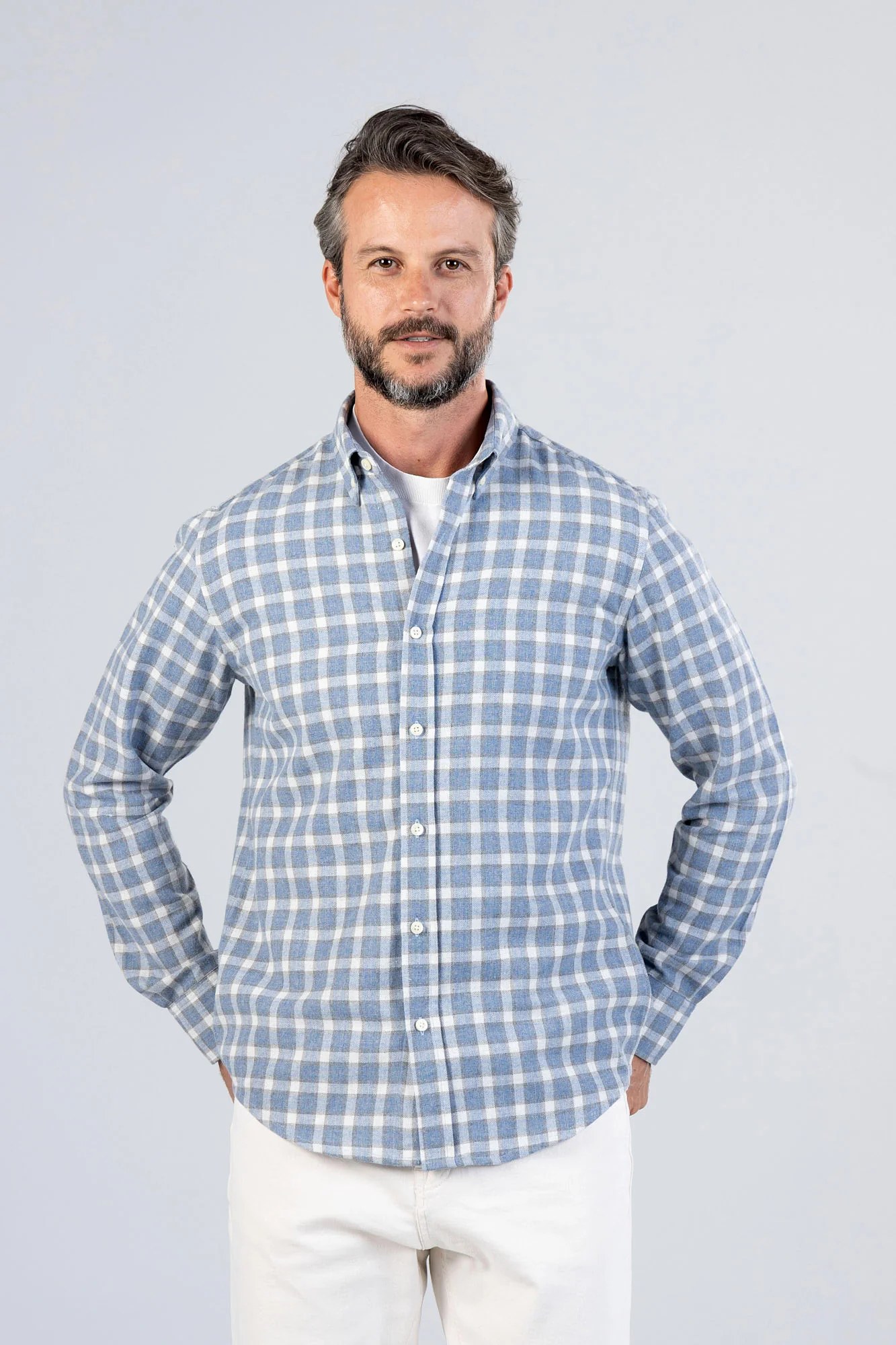 Brushed Checkered Herringbone Button-Down Flannel Shirt