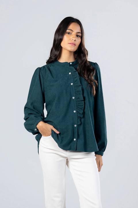 Teal Corduroy Ruffle Blouse