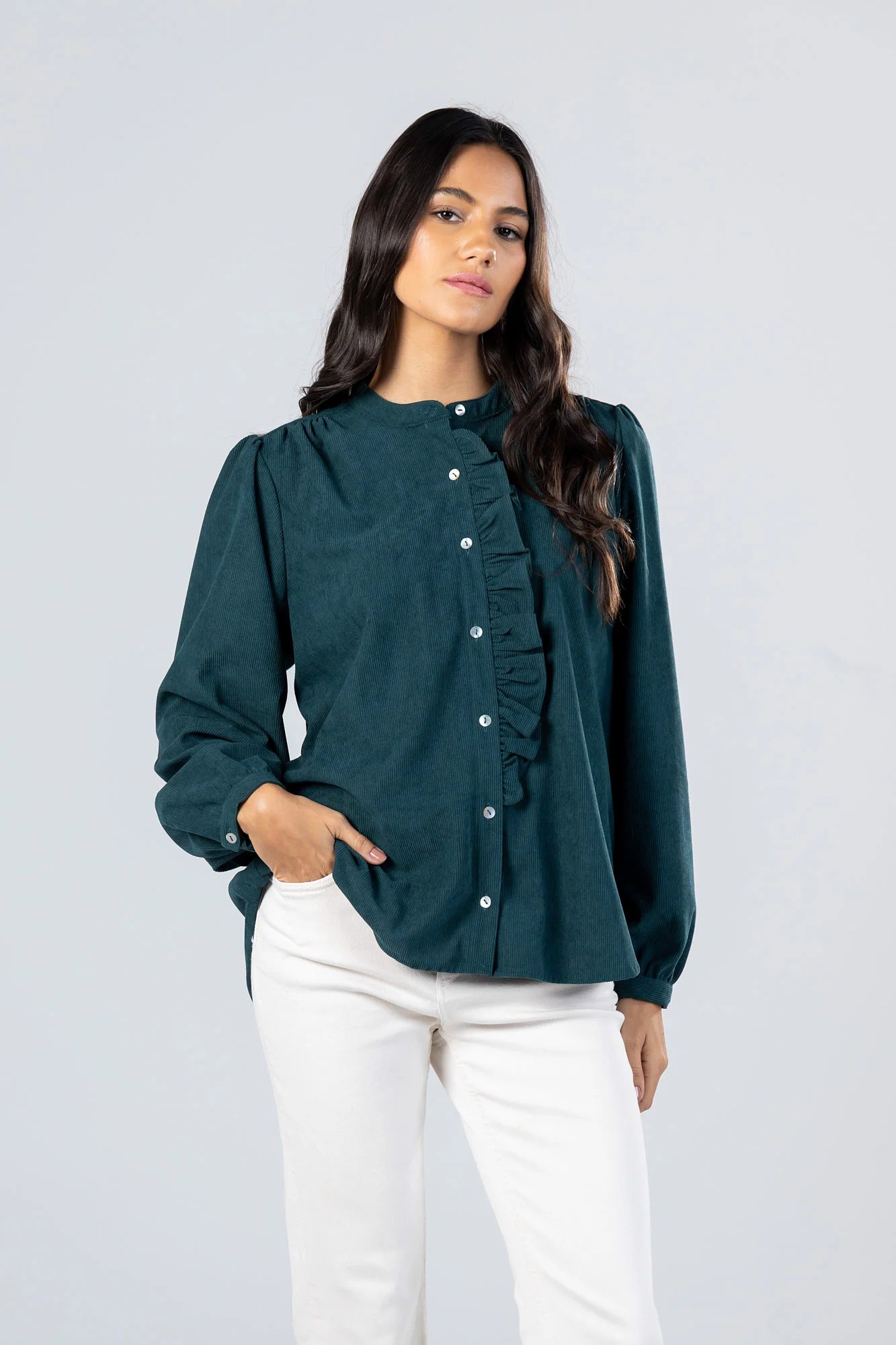 Teal Corduroy Ruffle Blouse