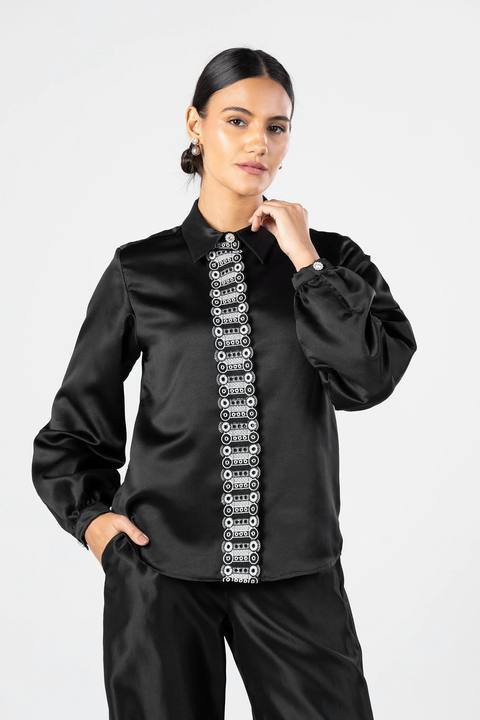 Black Satin Lace Detail Shirt