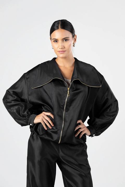 Black Satin Pop Collar Jacket