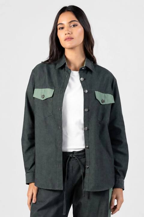 Green Gabardine Flap Pockets Shirt
