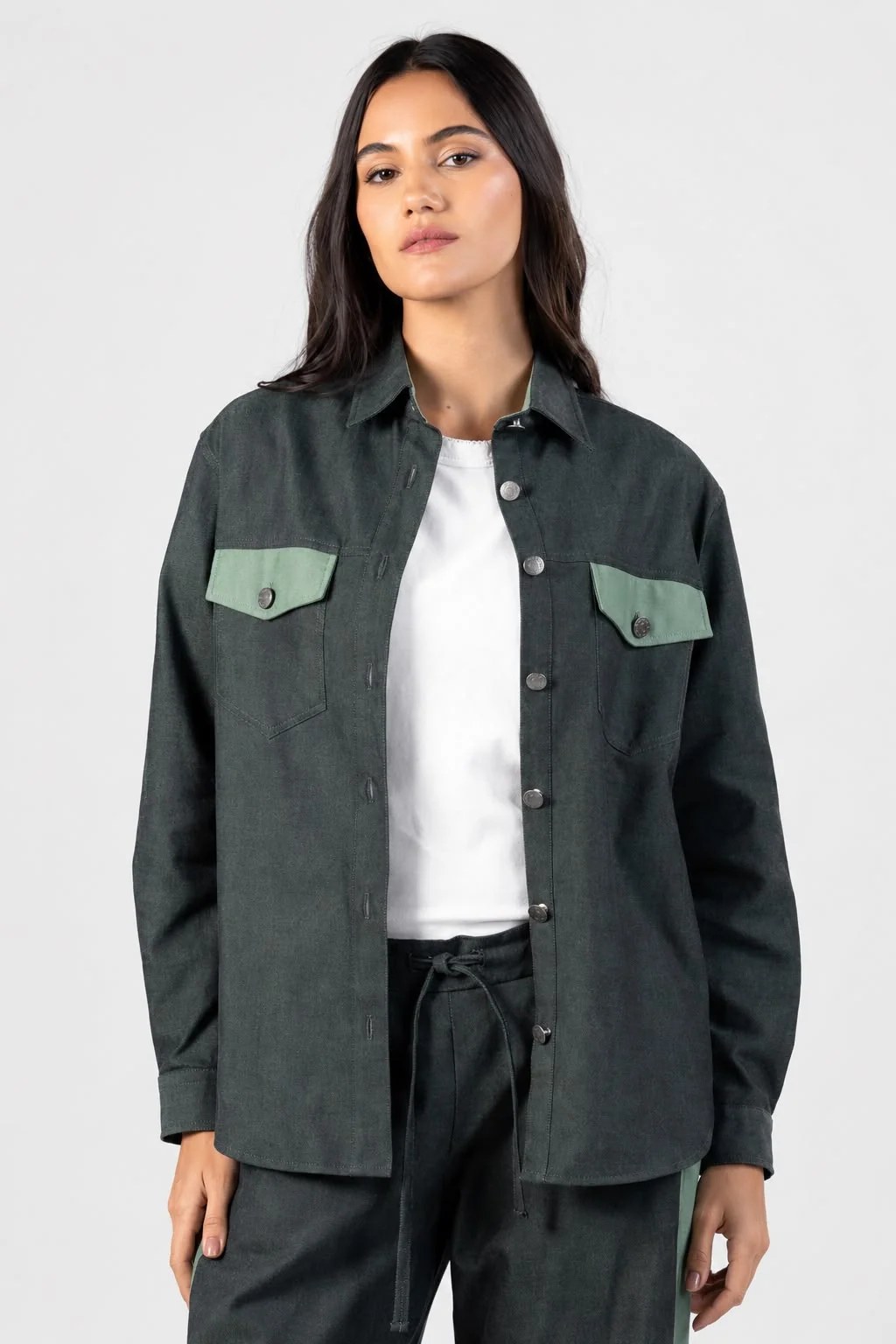 Green Gabardine Flap Pockets Shirt