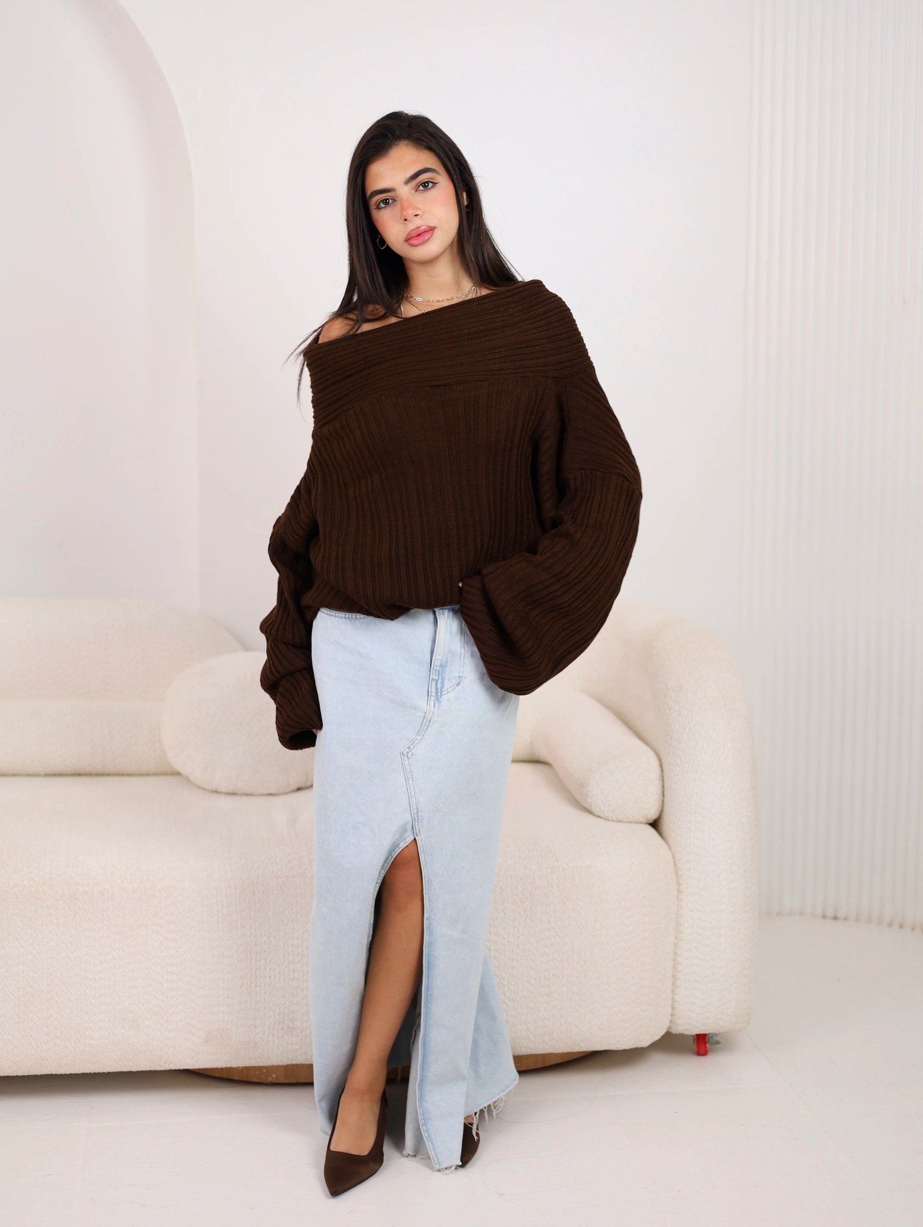 Off-Shoulder Knit - Brown