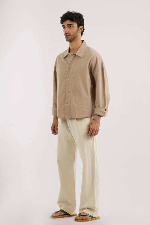 BEIGE WIDE LEG LINEN PANTS