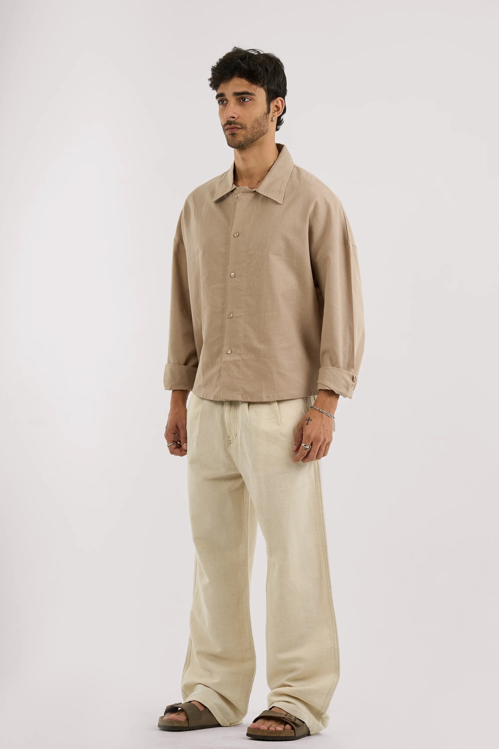 BEIGE PLEATED LINEN PANTS