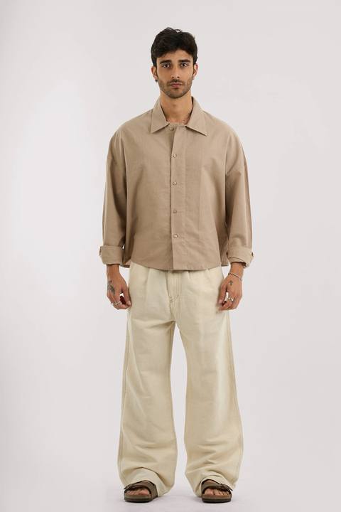 BEIGE PLEATED LINEN PANTS