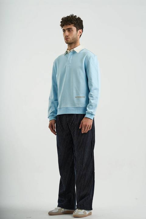NAVY PINSTRIPE WIDE-LEG PANTS