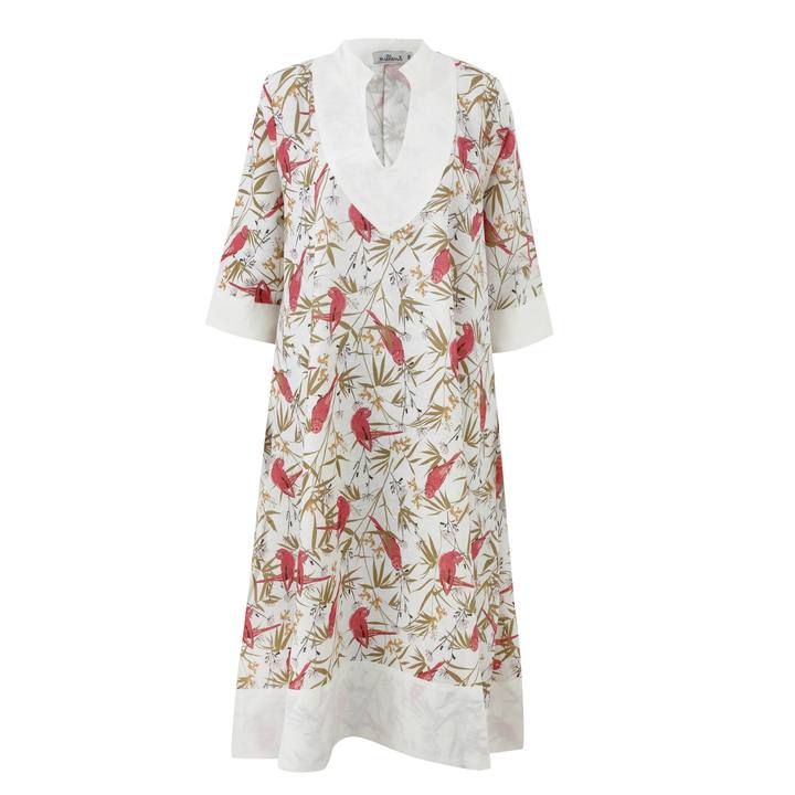 Pink Parrots Linen Kaftan Dress
