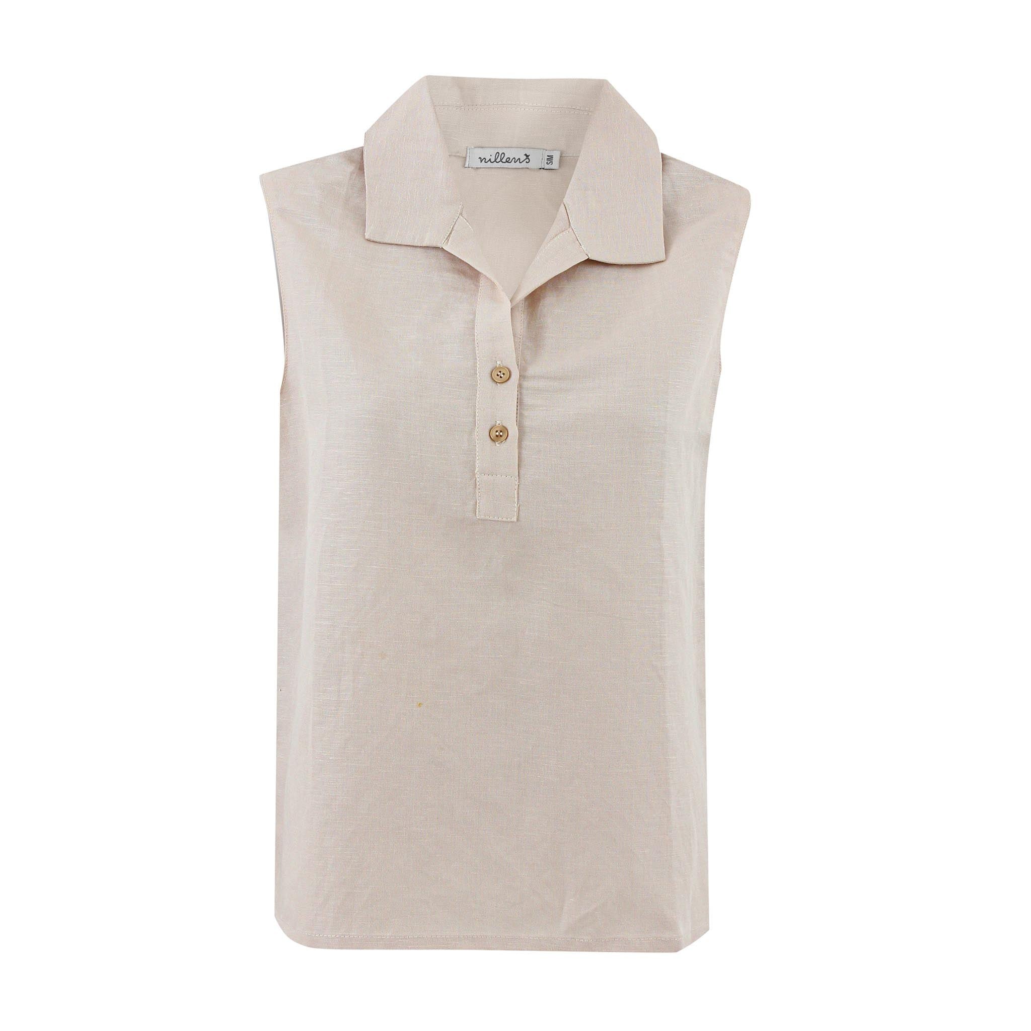 Beige Sleeveless Linen Blouse