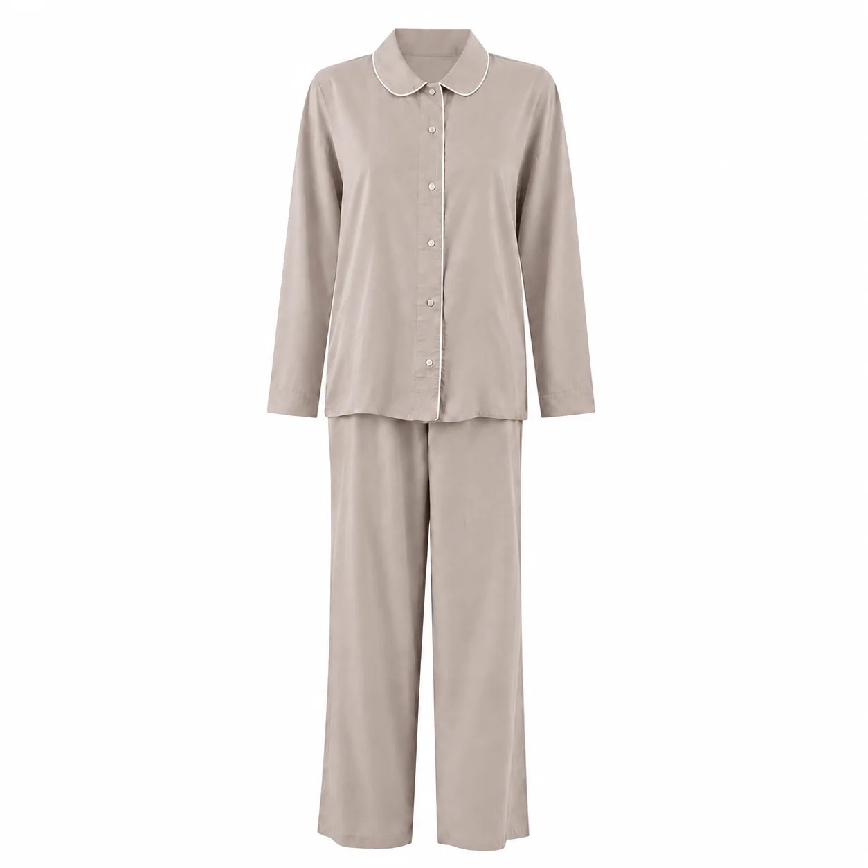 Beige Piping Silky Viscose Pyjama Set