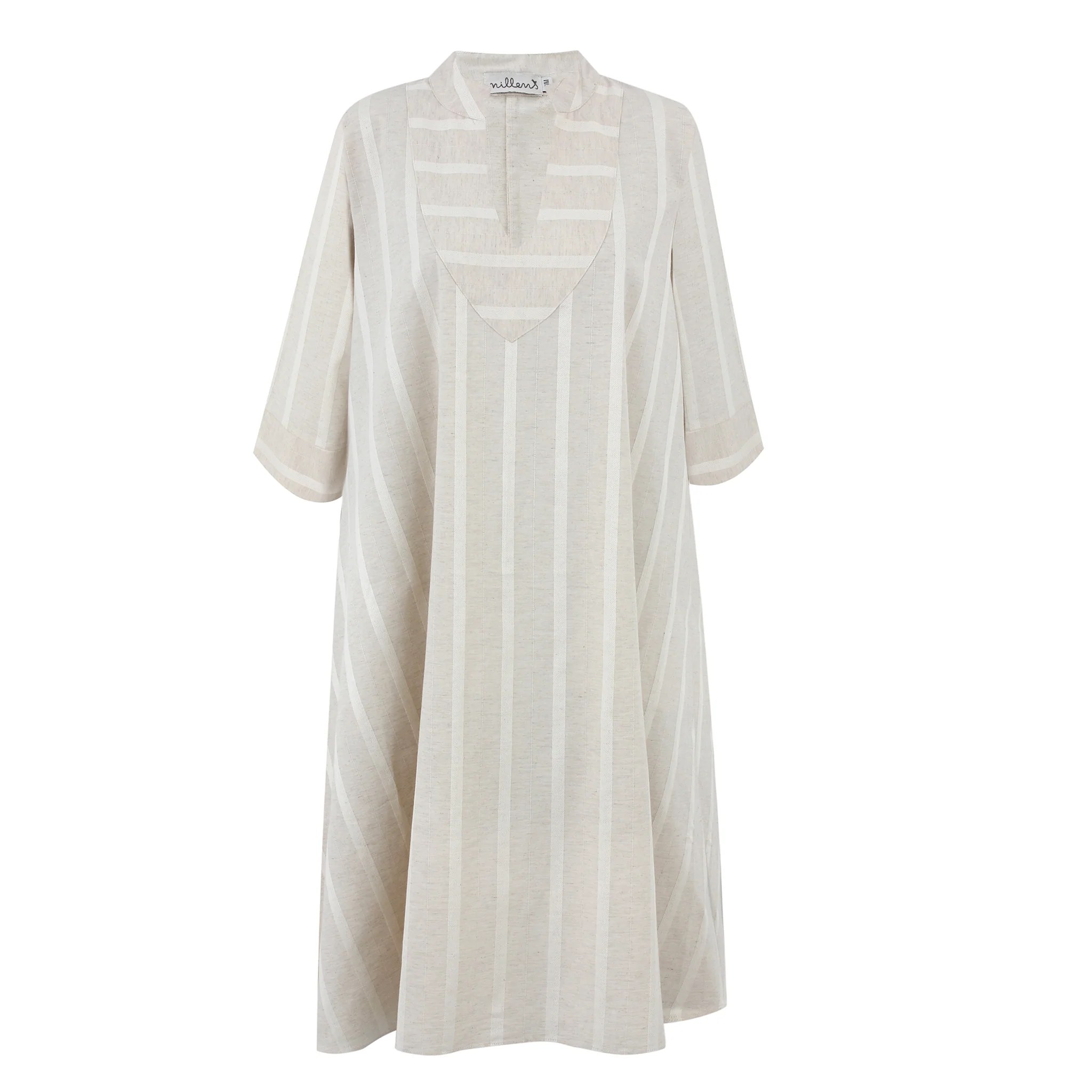 Beige Striped Linen Kaftan