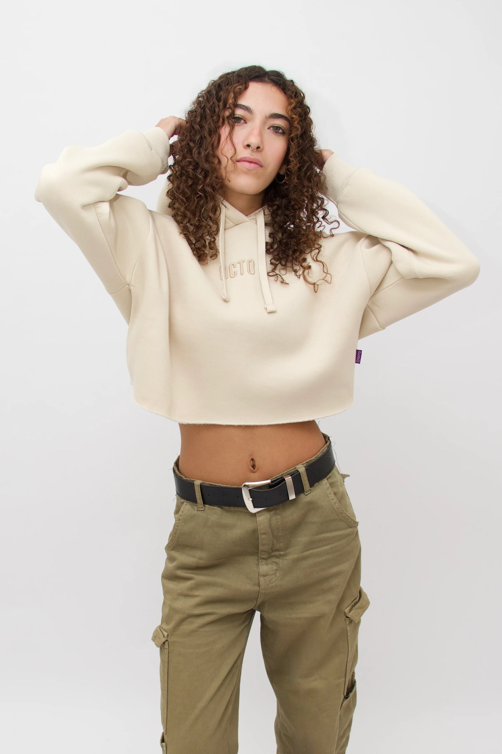 Beige - Oversized Cropped Hoodie