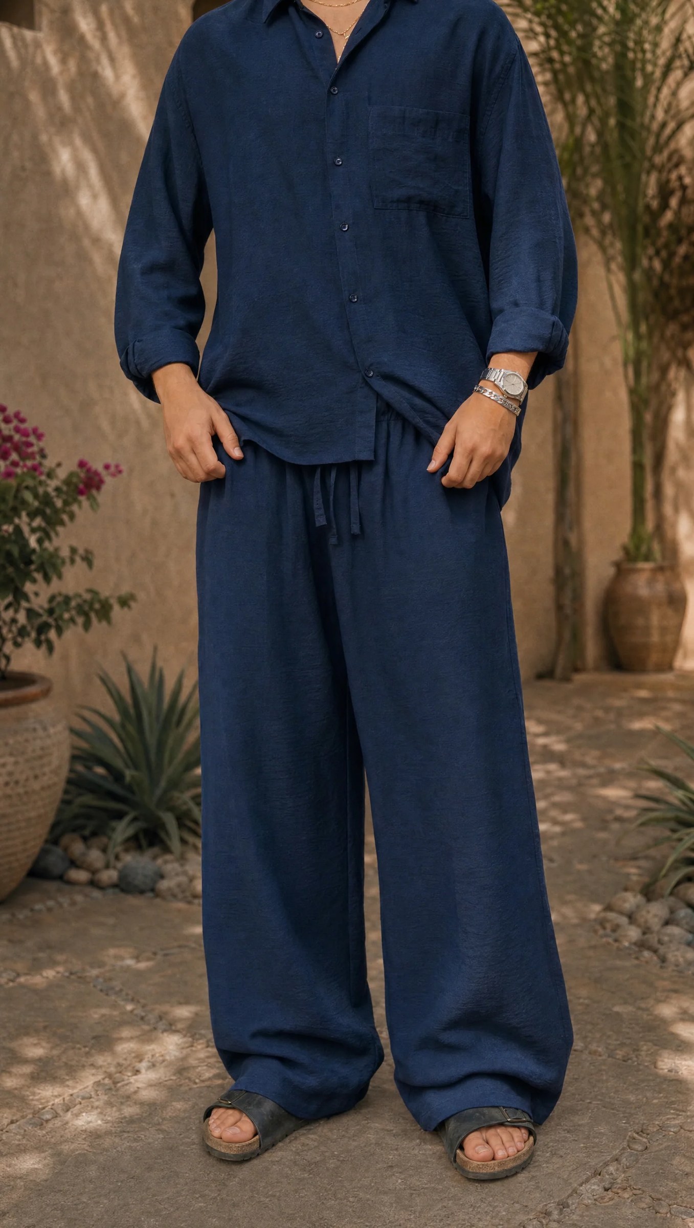 NAVY LINEN OVERSIZED PANTS