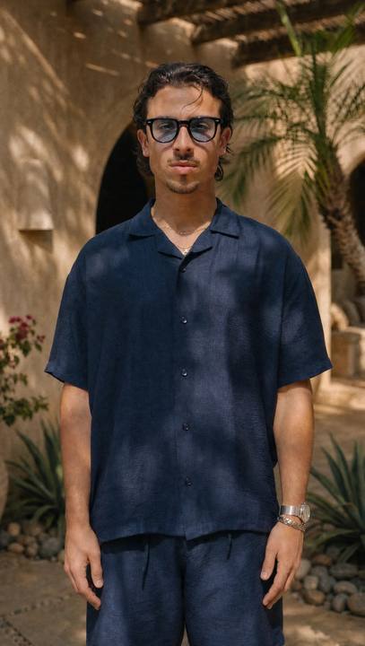 NAVY LINEN SHORT SLEEVE SHIRT