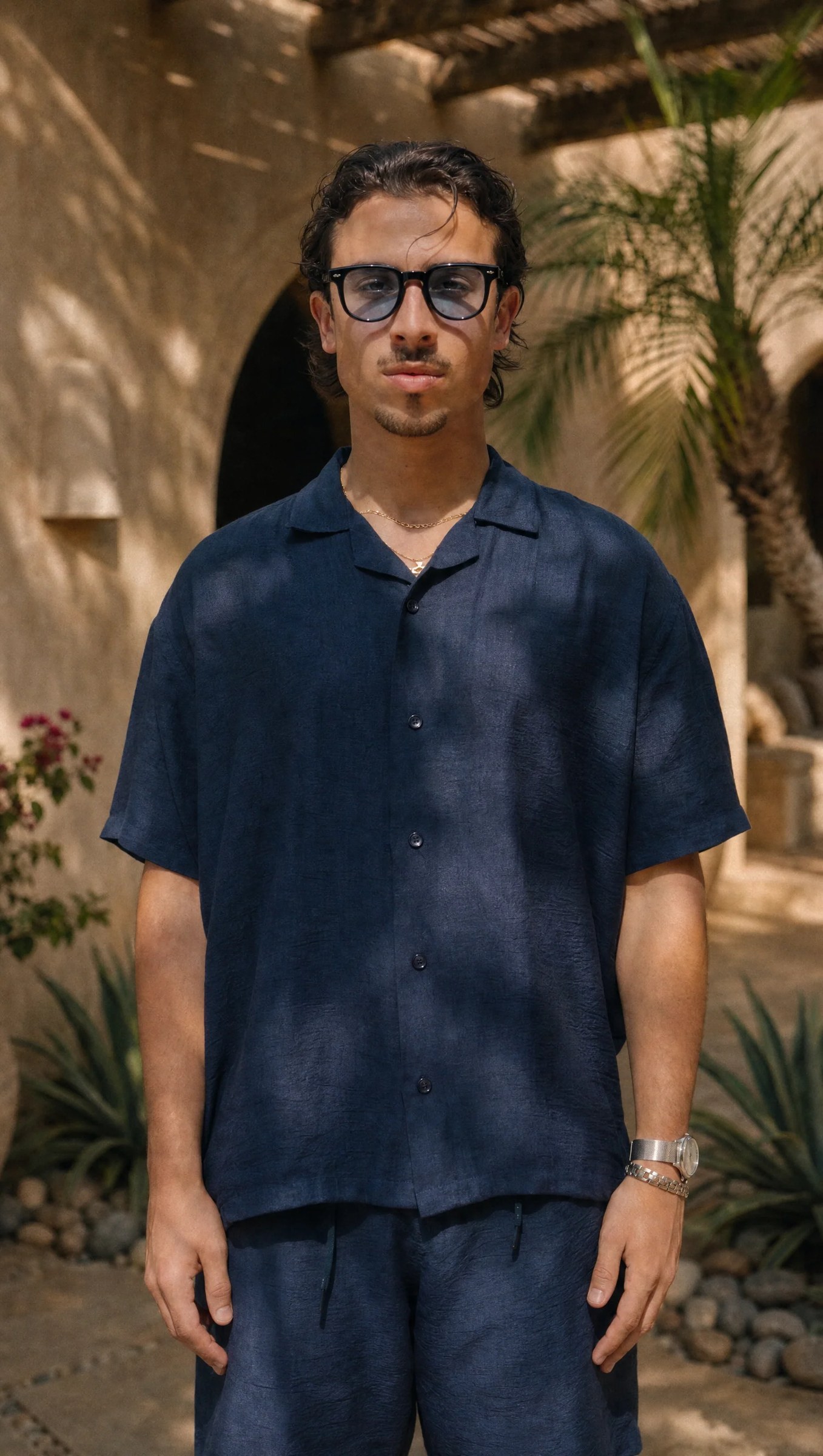 NAVY LINEN SHORT SLEEVE SHIRT