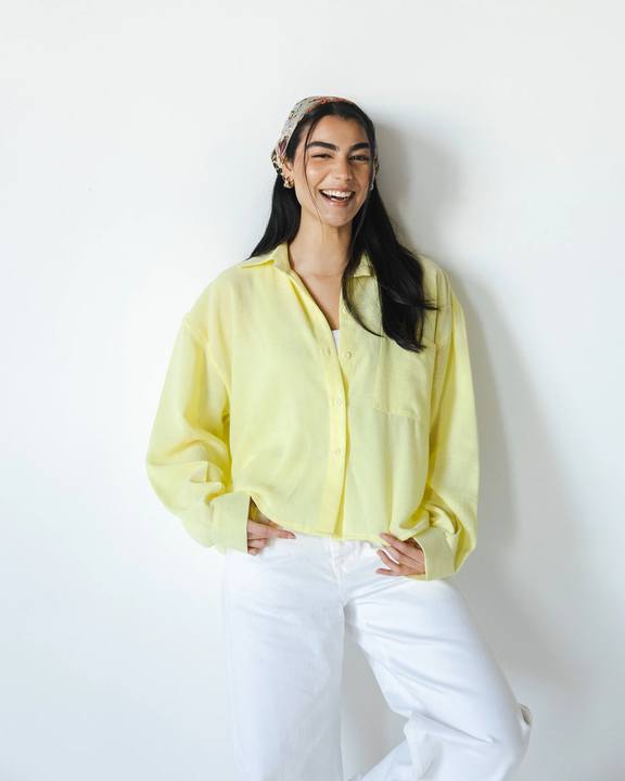 Linen Cropped Shirt - Powder Yellow