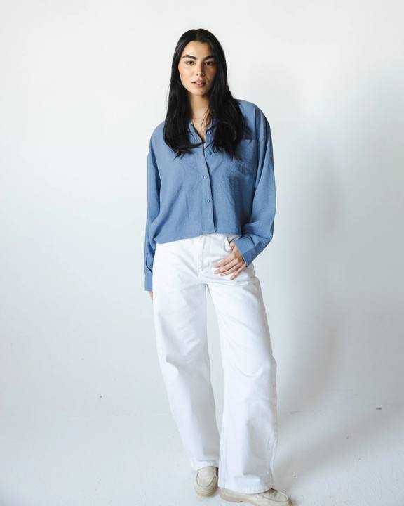 Linen Cropped Shirt - Blue