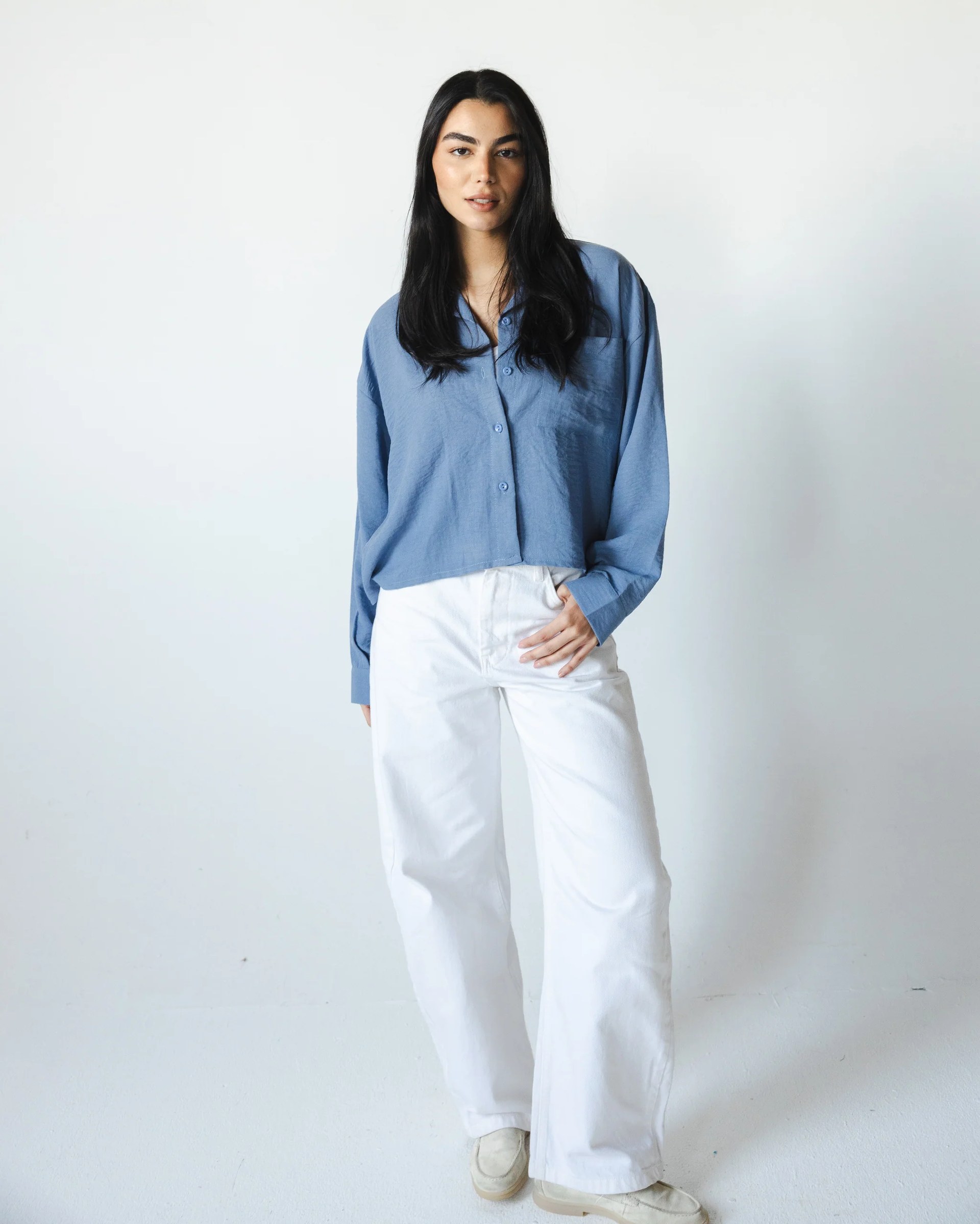 Linen Cropped Shirt - Blue