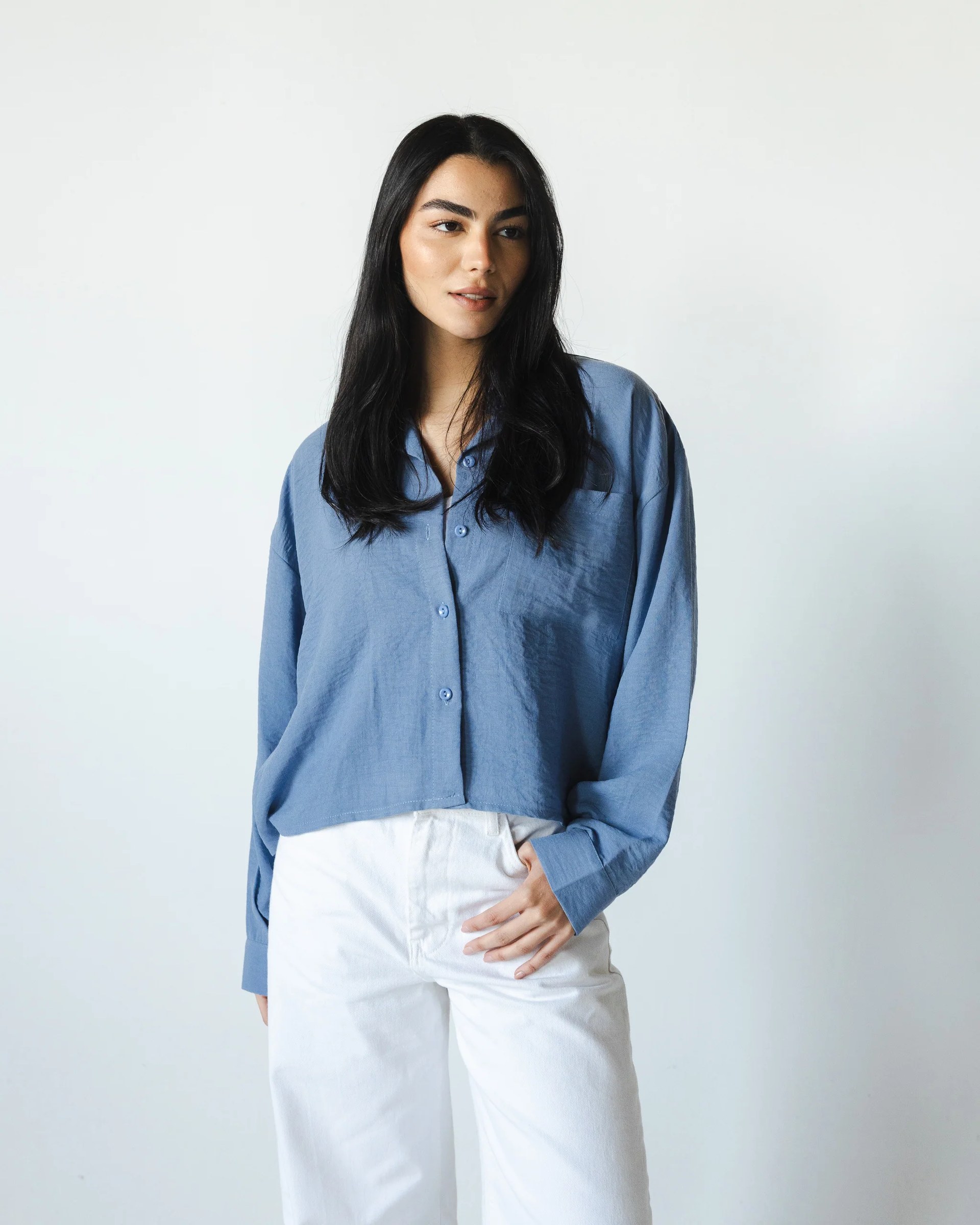 Linen Cropped Shirt - Blue