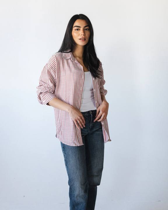 Striped Linen Shirt - Brick Red