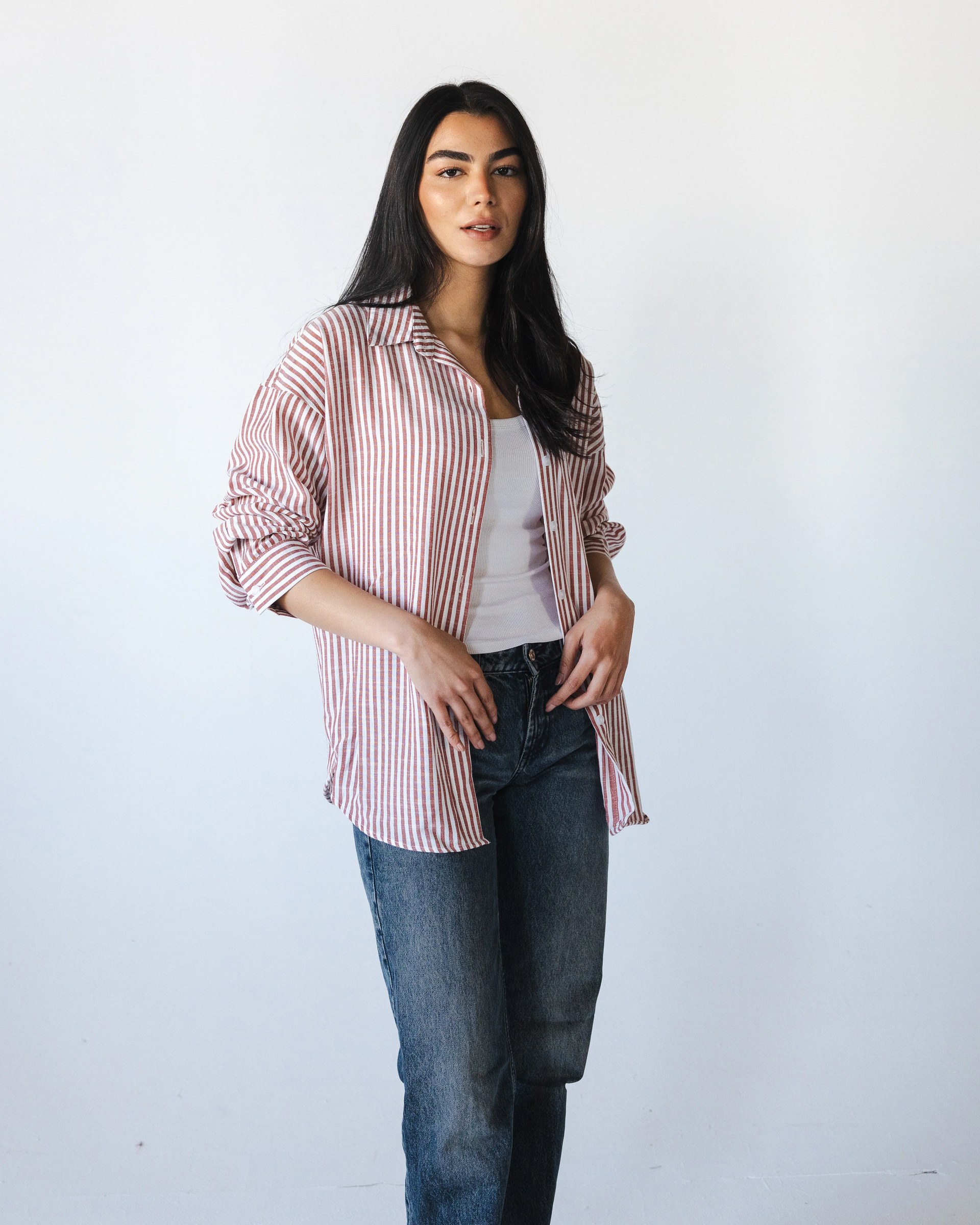 Striped Linen Shirt - Brick Red