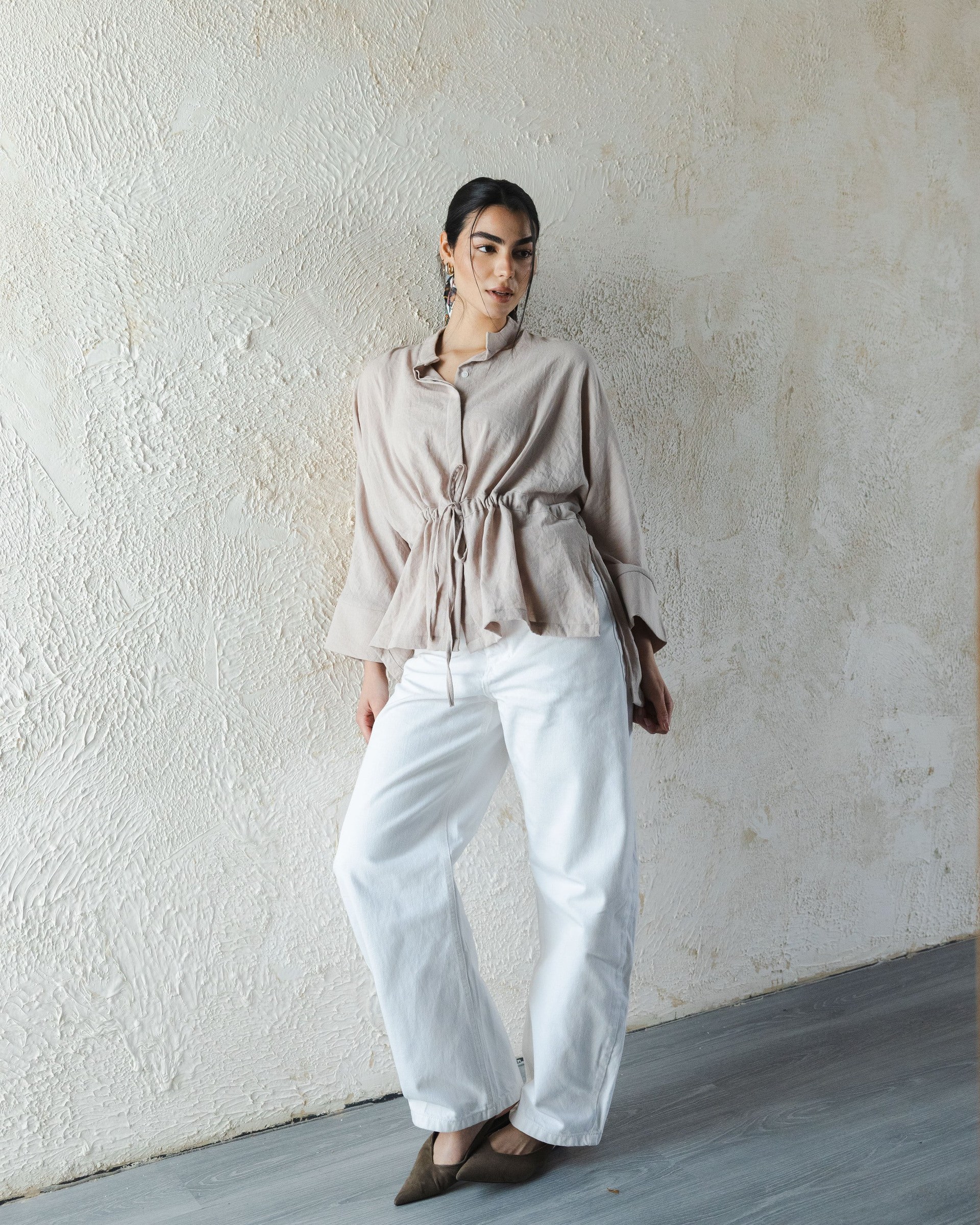 Rushed Waist Blouse - Beige