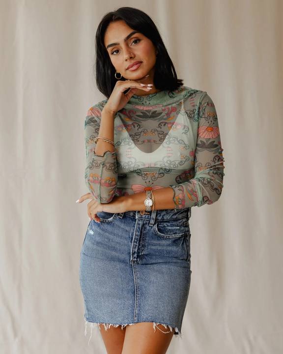 Petal Muse In Sage Mesh Top