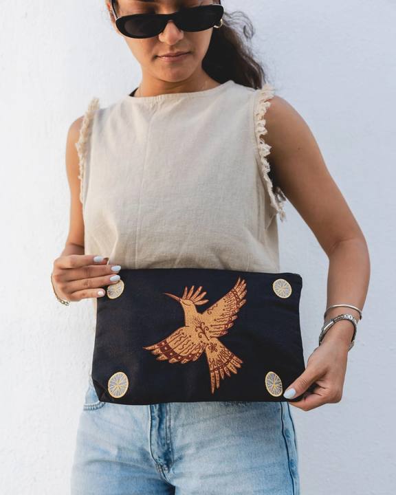 Golden Hoopoe Embroidered Pouch