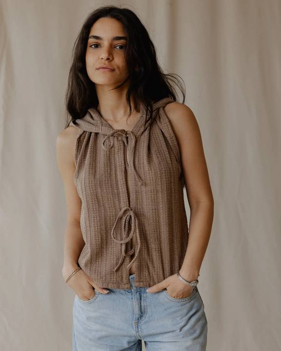Woven Hooded Camel Vest