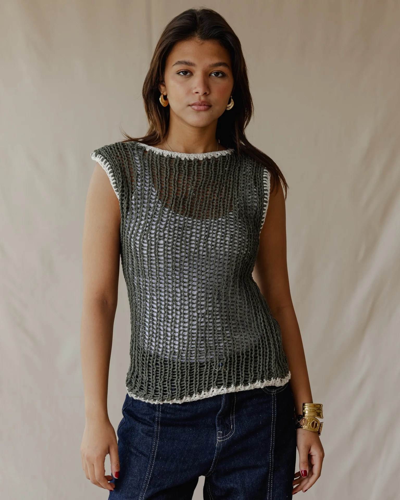 Contrast Crochet Top Olive