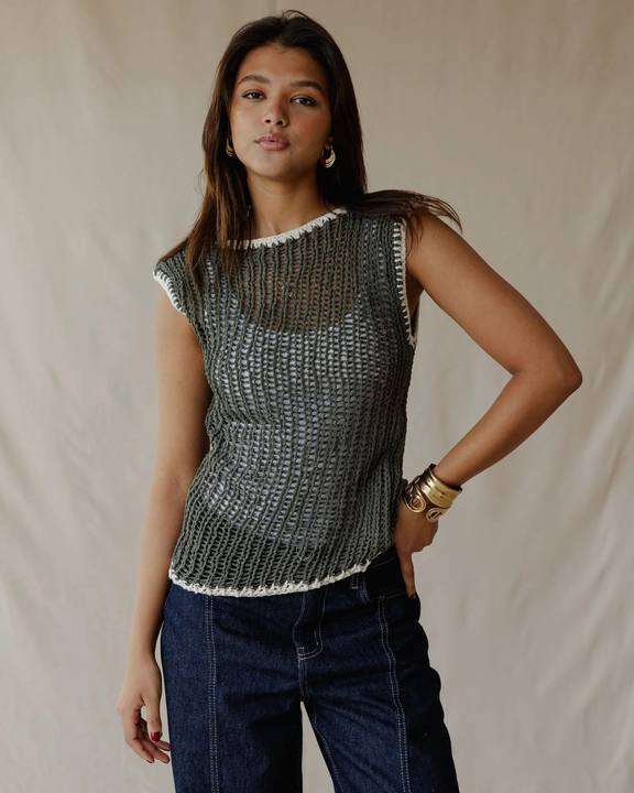 Contrast Crochet Top Olive