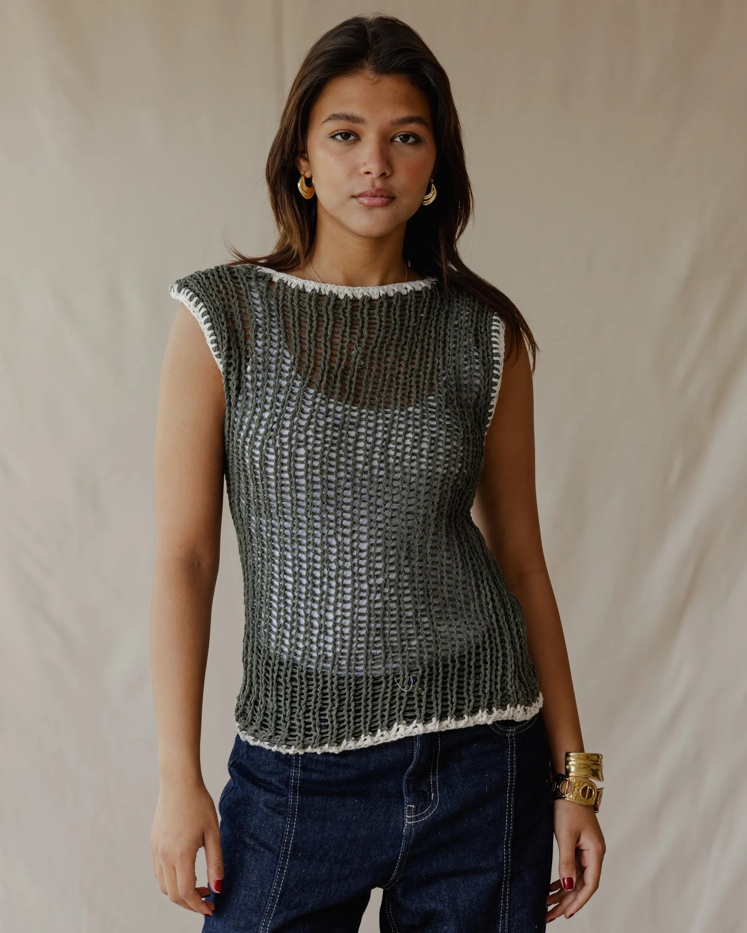Contrast Crochet Top Olive