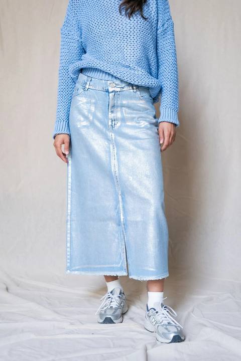 Metallic Denim Skirt With A Slit