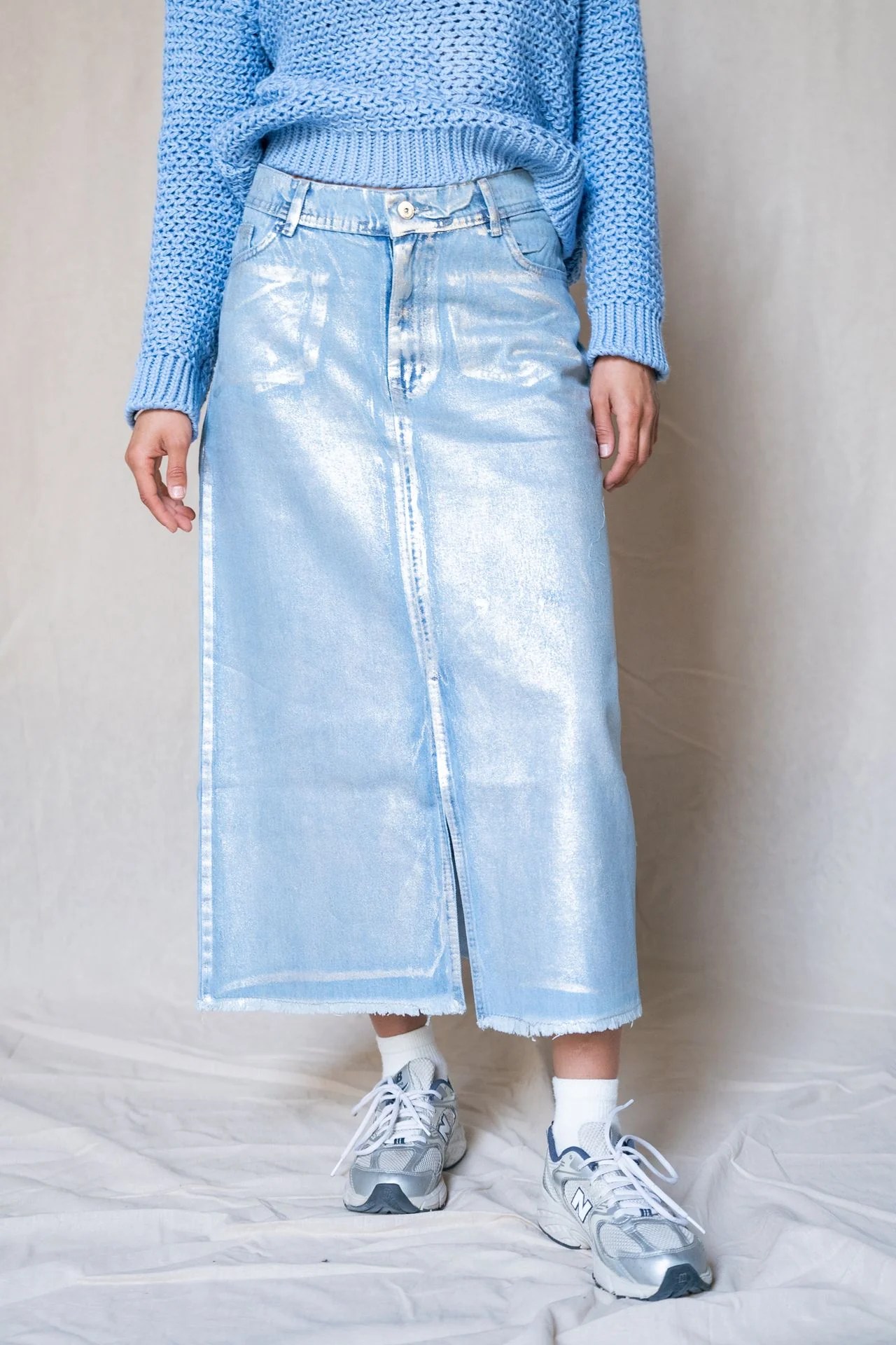 Metallic Denim Skirt With A Slit