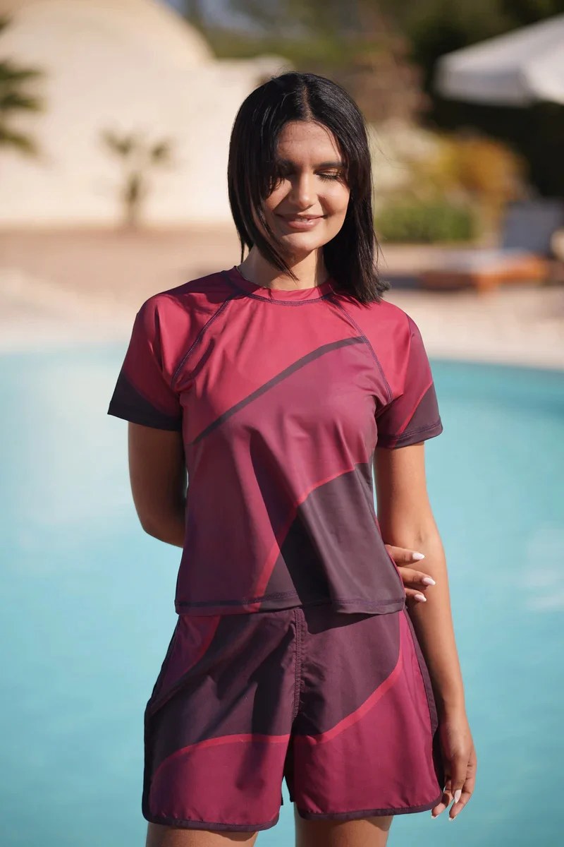Dark Cherry Bikini Sun Protection Half  Sleeve Rashguard