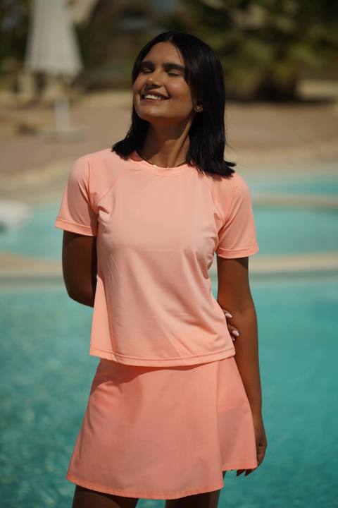 Peach Bikini Sun Protection Half  Sleeve Rashguard