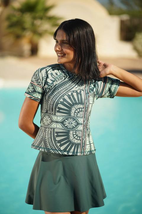 Boho Olive Bikini Sun Protection Half  Sleeve Rashguard