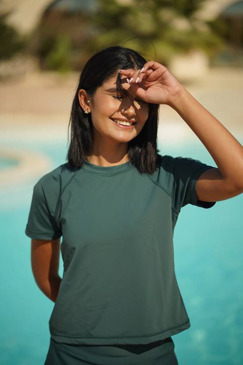 Olive Bikini Sun Protection Half  Sleeve Rashguard