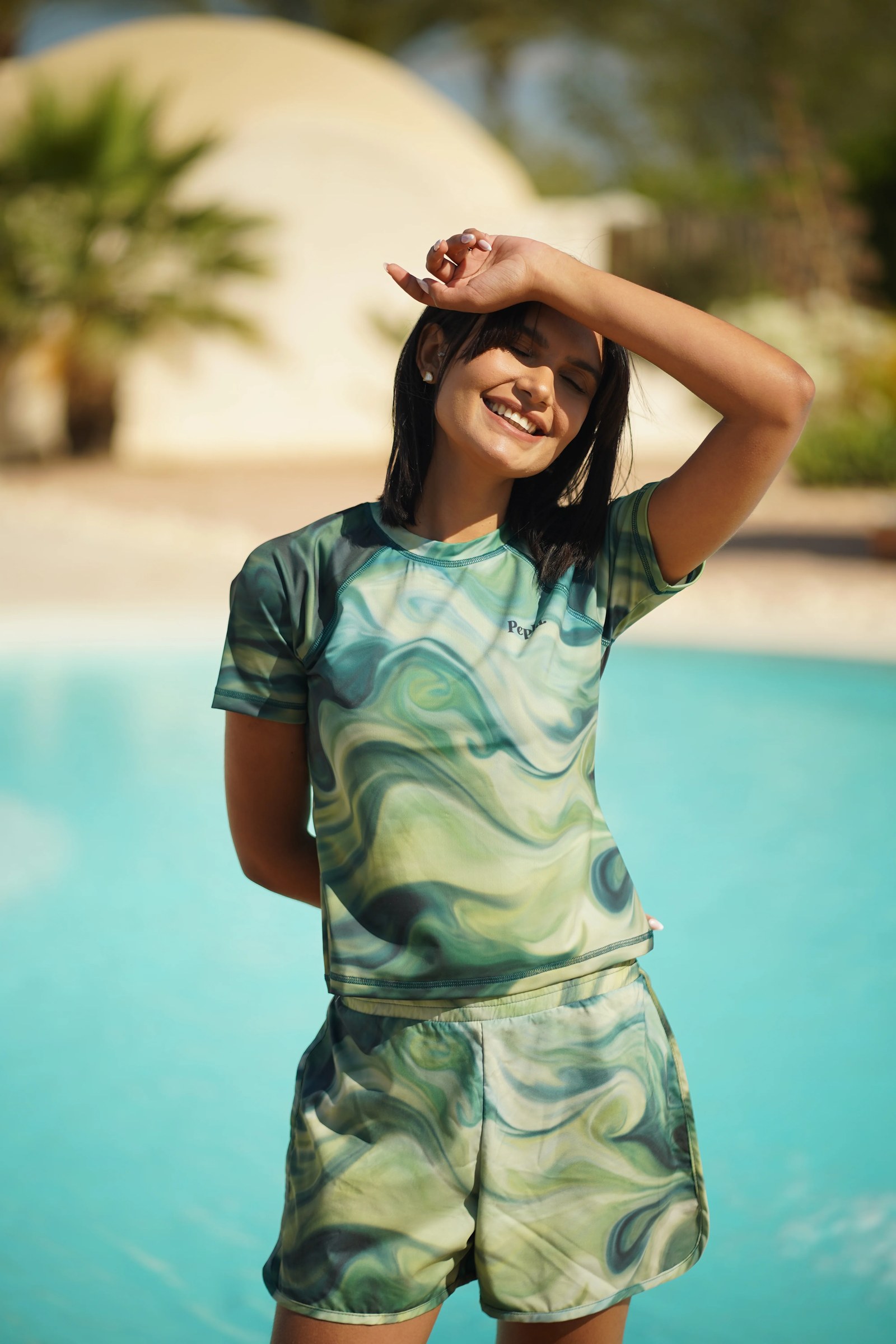 Green Marble Bikini Sun Protection Half  Sleeve Rashguard