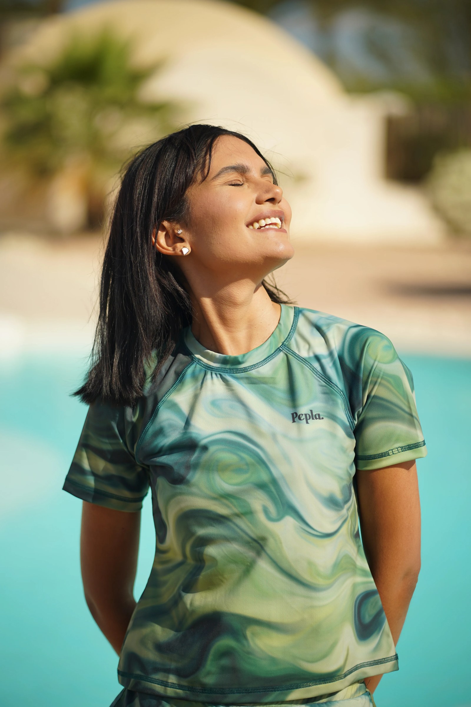 Green Marble Bikini Sun Protection Half  Sleeve Rashguard