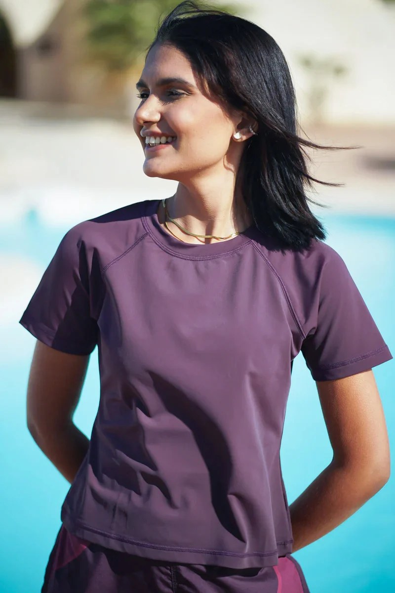 Burgundy Bikini Sun Protection Half  Sleeve Rashguard