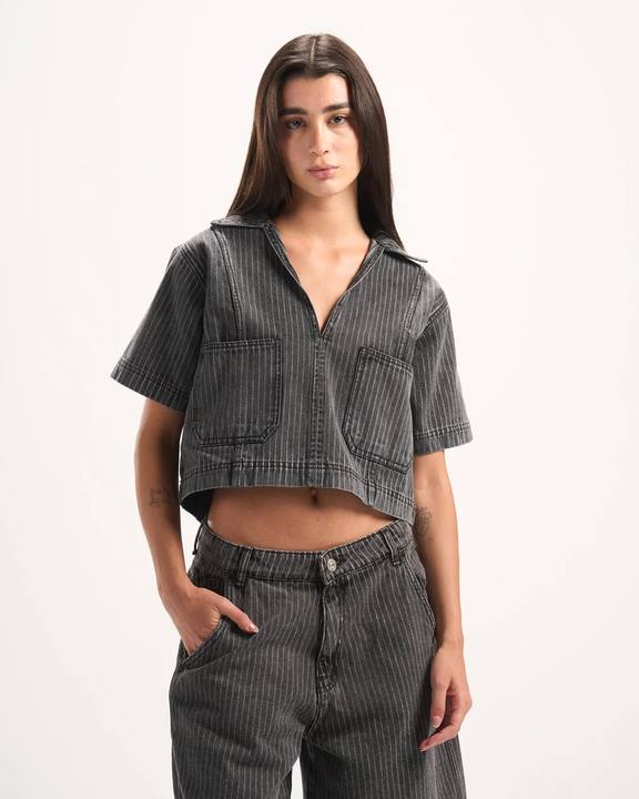 DARK GREY STRIPED DENIM POLO TOP
