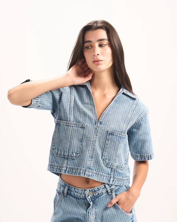 LIGHT BLUE STRIPED DENIM POLO TOP