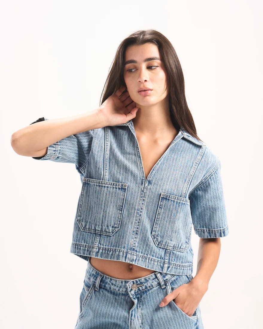 LIGHT BLUE STRIPED DENIM POLO TOP